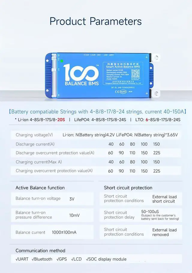 Alt view image 5 of 6 - 100BALANCE BMS 150A Active Balance 1A 8S-24S Build in Bluetooth Cell Balancing Smart PCB Battery Protection Board for Li-ion/Lifpo4/LTO Lithium Battery Pack
