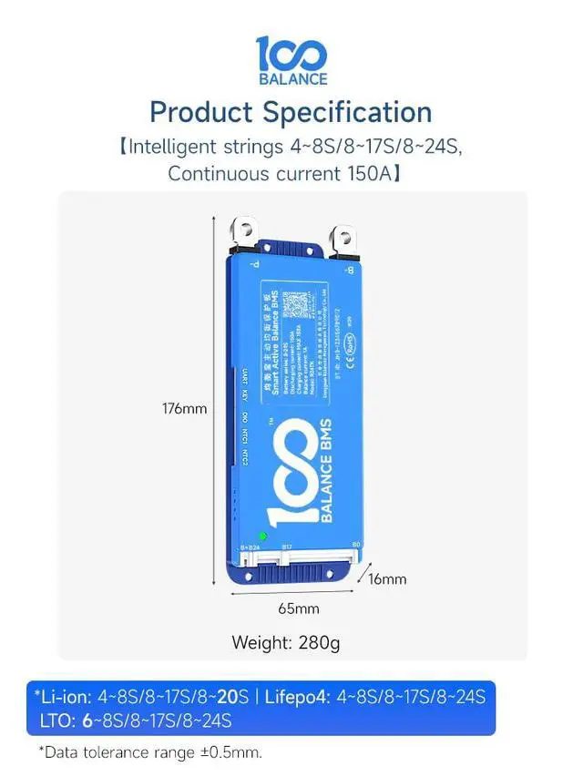 Alt view image 6 of 6 - 100BALANCE BMS 150A Active Balance 1A 8S-24S Build in Bluetooth Cell Balancing Smart PCB Battery Protection Board for Li-ion/Lifpo4/LTO Lithium Battery Pack