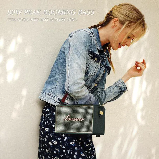 Alt view image 4 of 6 - Vintage Home Decor Wireless Bluetooth Wooden Carrying Portable Speaker Deep Bass with Fabric Grill Leather Strap Handle-Green