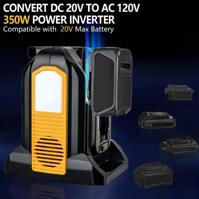 Alt view image 2 of 6 - 350W Portable Power Supply Inverter Compatible with Dewalt 20V Li-ion Battery, 4 Port Pure Sine Wave Inverter DC 20V to AC 120V with AC Output, USB Port, Type-C Port, 300LM LED Light Emergency