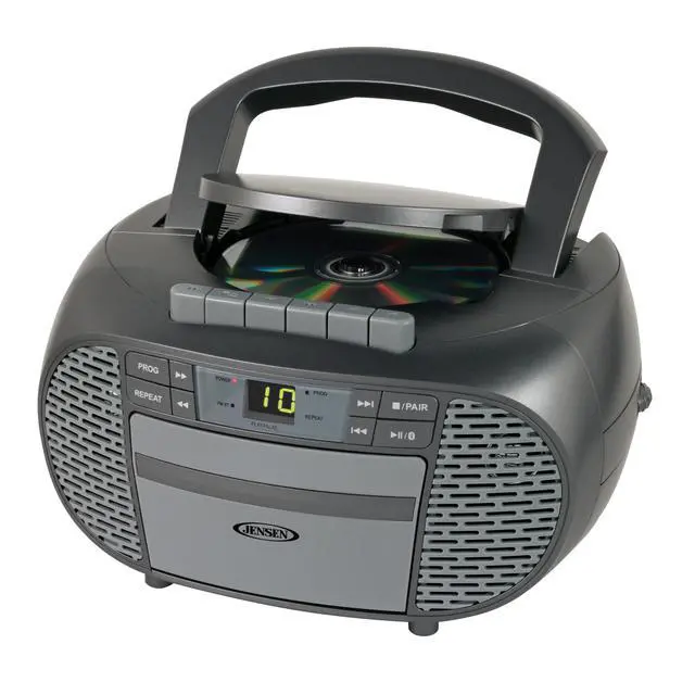 Alt view image 2 of 5 - CD-550BT-GR Portable Stereo Bluetooth CD Cassette Recorder with AM/FM Radio Compact Bluetooth-Enabled Radio Player with Handle Gray