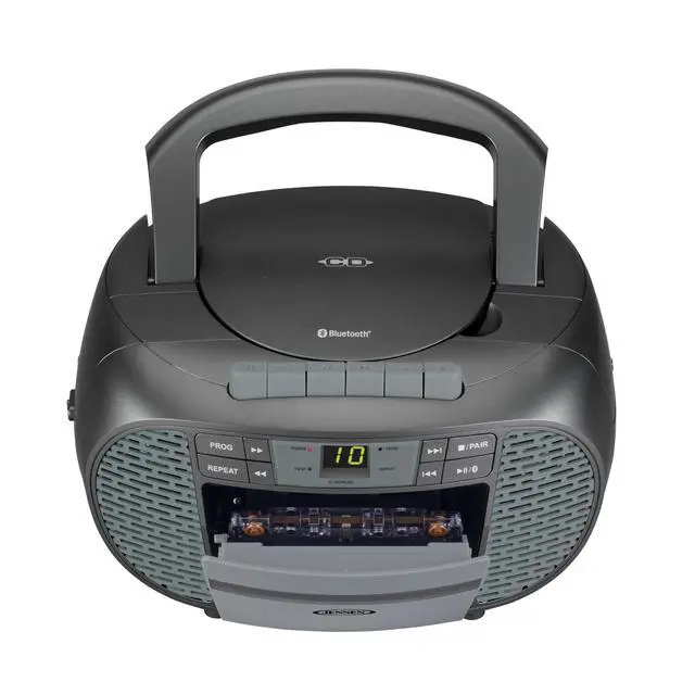 Alt view image 4 of 5 - CD-550BT-GR Portable Stereo Bluetooth CD Cassette Recorder with AM/FM Radio Compact Bluetooth-Enabled Radio Player with Handle Gray