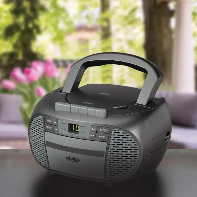 Alt view image 5 of 5 - CD-550BT-GR Portable Stereo Bluetooth CD Cassette Recorder with AM/FM Radio Compact Bluetooth-Enabled Radio Player with Handle Gray