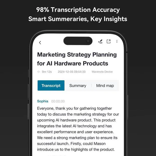 Alt view image 6 of 6 - WaveNote AI Voice Recorder, Transcribe & Summarize Recorder, 42 Hours Continuous Recording, Support 112 Languages, 64GB AI Recorder for Meetings, Lectures, Calls,Multi-Speaker Voice Recognition