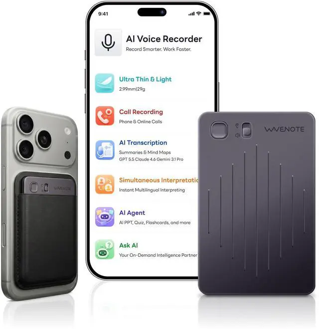 Main image of WaveNote AI Voice Recorder, Transcribe & Summarize Recorder, 42 Hours Continuous Recording, Support 112 Languages, 64GB AI Recorder for Meetings, Lectures, Calls,Multi-Speaker Voice Recognition