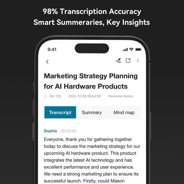 Alt view image 6 of 6 - WaveNote AI Voice Recorder, Transcribe & Summarize Recorder, 42 Hours Continuous Recording, Support 112 Languages, 64GB AI Recorder for Meetings, Lectures, Calls,Multi-Speaker Voice Recognition