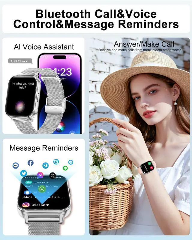 Alt view image 2 of 6 - Smart Watch for Women/Men, 1.85" HD Fitness Tracker with Bluetooth Call, 1000mAh Battery, 130+ Sports Modes, Heart Rate/Sleep Monitor, IP68 Waterproof with 4 Bands, Compatible with iOS/Android(Silver)