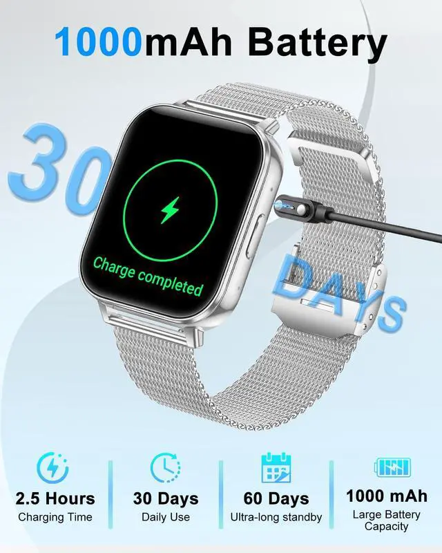 Alt view image 3 of 6 - Smart Watch for Women/Men, 1.85" HD Fitness Tracker with Bluetooth Call, 1000mAh Battery, 130+ Sports Modes, Heart Rate/Sleep Monitor, IP68 Waterproof with 4 Bands, Compatible with iOS/Android(Silver)
