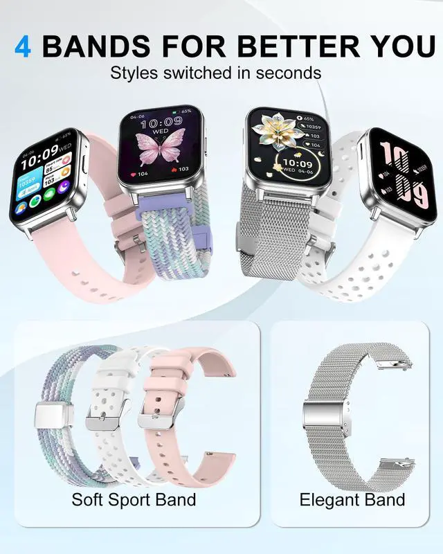 Alt view image 6 of 6 - Smart Watch for Women/Men, 1.85" HD Fitness Tracker with Bluetooth Call, 1000mAh Battery, 130+ Sports Modes, Heart Rate/Sleep Monitor, IP68 Waterproof with 4 Bands, Compatible with iOS/Android(Silver)