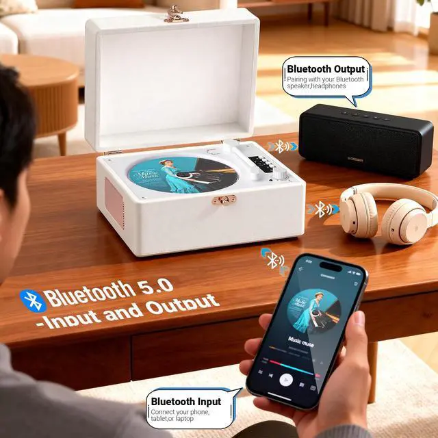 Alt view image 4 of 6 - Retro CD Player with Bluetooth in/Out Portable CD Player with Built-in Rechargeable Battery,Auto Power Off,USB,AUX,Headphone Jack,Vintage Music Player for Women/Men-White