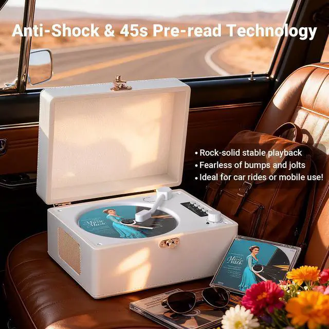 Alt view image 5 of 6 - Retro CD Player with Bluetooth in/Out Portable CD Player with Built-in Rechargeable Battery,Auto Power Off,USB,AUX,Headphone Jack,Vintage Music Player for Women/Men-White