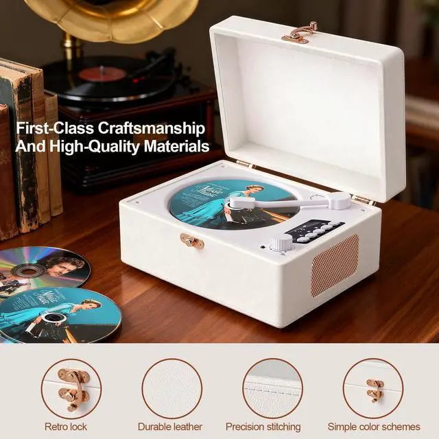 Alt view image 6 of 6 - Retro CD Player with Bluetooth in/Out Portable CD Player with Built-in Rechargeable Battery,Auto Power Off,USB,AUX,Headphone Jack,Vintage Music Player for Women/Men-White
