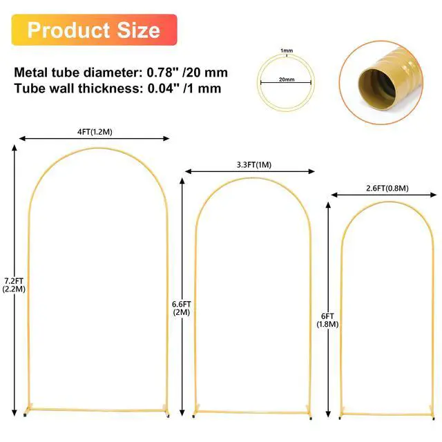 Alt view image 2 of 6 - Arch Backdrop Stand 7.2FT, 6.6FT, 6FT Set of 3 Gold Metal Wedding Balloon Arch Stand for Birthday Anniversary Graduation Ceremony Opening Ceremonies Christmas New Year Garden Decorations