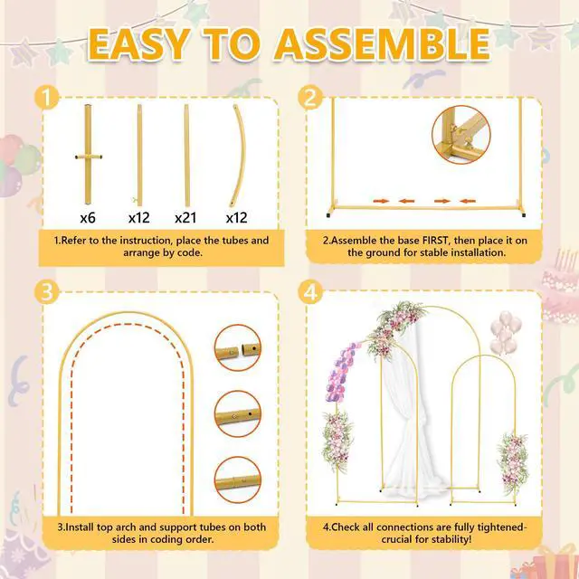 Alt view image 3 of 6 - Arch Backdrop Stand 7.2FT, 6.6FT, 6FT Set of 3 Gold Metal Wedding Balloon Arch Stand for Birthday Anniversary Graduation Ceremony Opening Ceremonies Christmas New Year Garden Decorations