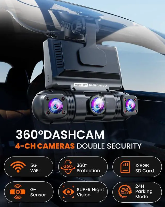 Alt view image 2 of 6 - Dash Cam Front and Rear 360 Dashcam 4 Channel Car Camera Dash Camera for Cars, QHD 2K+1080P*3 Camara with 128GB Card, 5G WiFi &APP Control, Night Vision/G-Sensor, 168°Wide Angle, Parking Mode