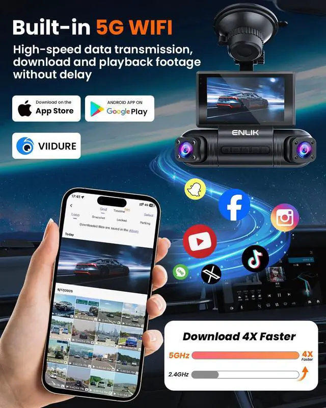 Alt view image 5 of 6 - Dash Cam Front and Rear 360 Dashcam 4 Channel Car Camera Dash Camera for Cars, QHD 2K+1080P*3 Camara with 128GB Card, 5G WiFi &APP Control, Night Vision/G-Sensor, 168°Wide Angle, Parking Mode