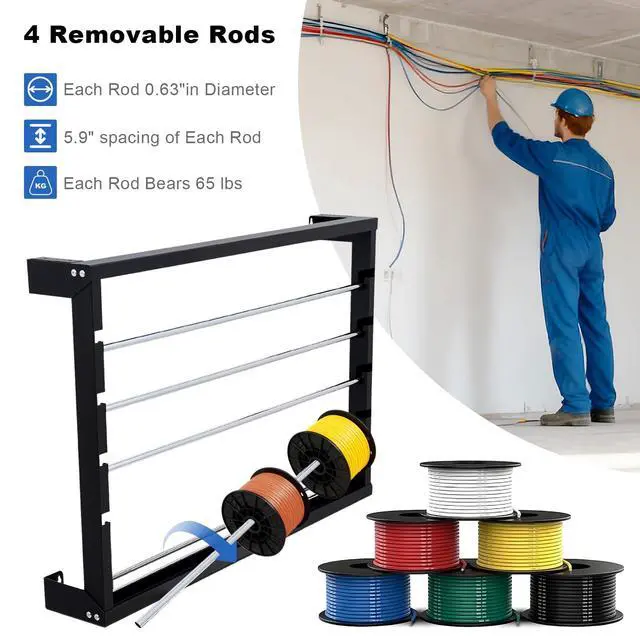 Alt view image 3 of 6 - Wire Spool Rack, Heavy Duty Cold-Rolled Steel Cable Dispenser with 4 Adjustable Rods, Wall Mount or Desk Wire Spool Rack Holder for Industrial, Electrical, and Retail Storage and Display
