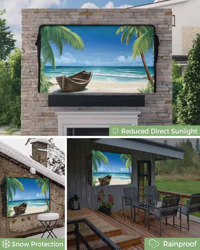 Alt view image 6 of 6 - Outdoor TV Cover - Summer Palm Tree Ocean Beach Boat Waterproof and Weatherproof 70"-75" LCD Movable Shield TV Display Screen Protector Outside Television Covers