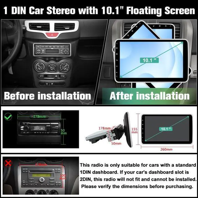 Alt view image 2 of 6 - Android 13 4-Core 2GB+64GB Single Din Car Stereo, 10.1 Inch Floating Touchscreen Car Radio with Wireless CarPlay & Android Auto/Mirror Link/Wi-Fi/FM/USB, Support SWC/Backup Camera (Included)