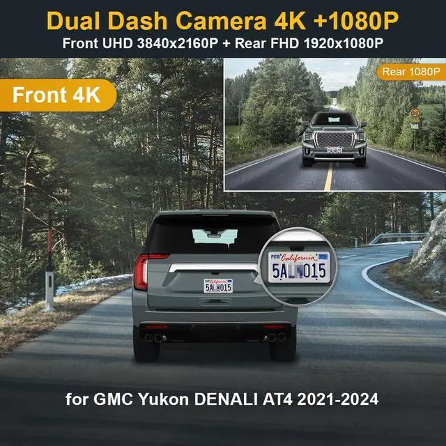 Alt view image 3 of 6 - Front 4K+Rear 1080P Dash Cam for 2021-2024 GMC Yukon Denali AT4 XL SLE SLT (HD2-4925, with Auto-Dimming), OEM Style, Dual HD Video, Loop Recording, WiFi&APP, G-Sensor, Easy to Use, 128GB Card