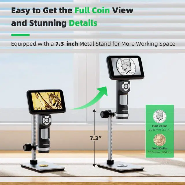 Alt view image 4 of 6 - 4K HDMI Digital Microscope for Coins, 3840P UHD Video, 4K Soldering Microscope Camera 1200X with 5" Screen, Handheld Coin Magnifier for Adults, 8 LED Lights, 7.3" Metal Stand, PC View, 32G, LM115-4K