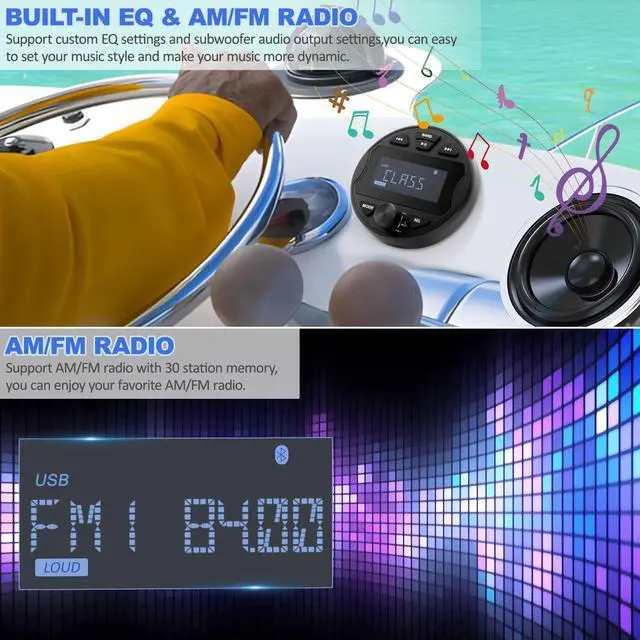 Alt view image 4 of 6 - Marine Boat Stereo Receiver, Waterproof Boat Stereo Radio System, Marine Digital MP3 Player, No CD Player, 3" LCD Display, AM/FM Radio, USB Port, BT, AUX Subwoofer for Boat ATV UTV Off-Road Vehicles