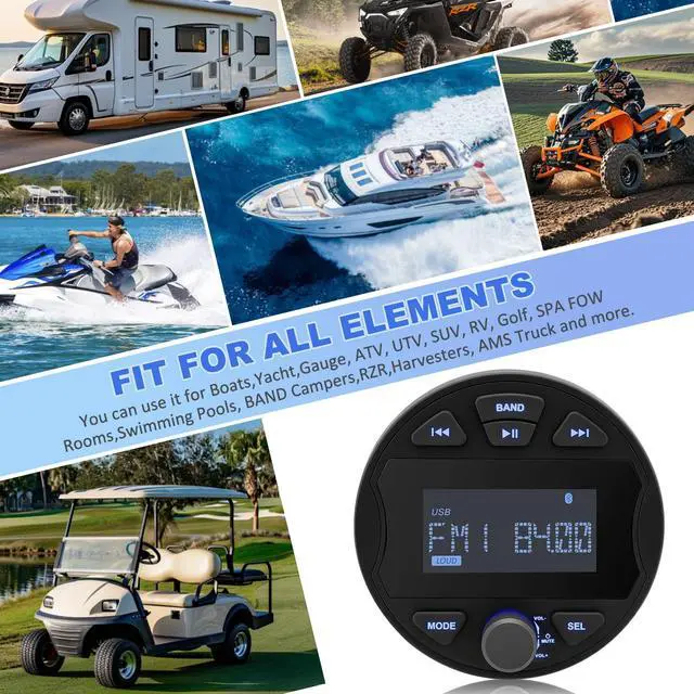Alt view image 6 of 6 - Marine Boat Stereo Receiver, Waterproof Boat Stereo Radio System, Marine Digital MP3 Player, No CD Player, 3" LCD Display, AM/FM Radio, USB Port, BT, AUX Subwoofer for Boat ATV UTV Off-Road Vehicles