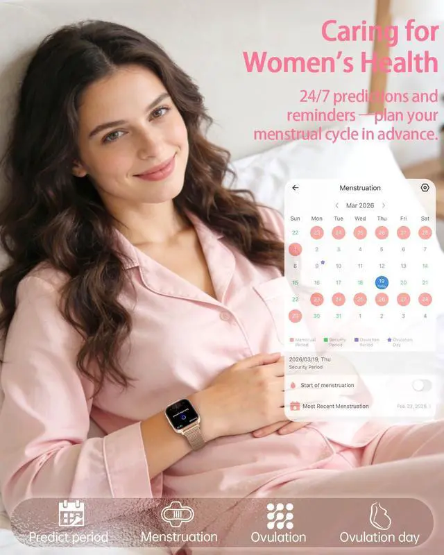 Alt view image 5 of 6 - Smart Watch for Women,1000mAh Battery Answer/Make Call,1.85'' Fitness Watch with Heart Rate/SpO2/Sleep Monitor/Health Cycle/Activity Tracker/120+ Sport for Android/iOS Compatible(4 Straps, Rose Gold)