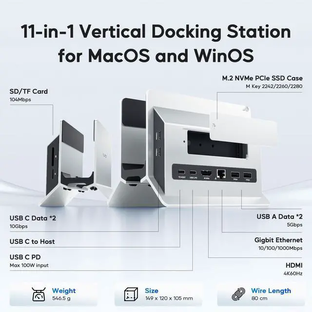Alt view image 2 of 6 - Vertical MacBook Docking Station, Docking Station for Mac mini with M.2 NVMe case for MacBook Pro/Air, 4K@60Hz HDMI, 2USB C 10Gbps, SD/TF, 100W PD, RJ45, 2 USB A for Windows Sliver
