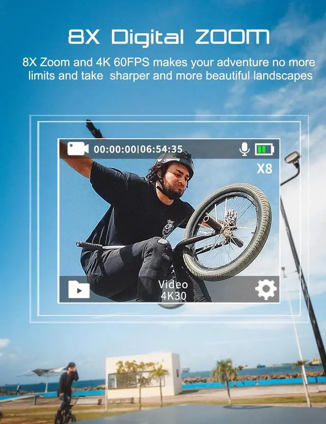 Alt view image 3 of 6 - M80 Action Camera 4K with 64GB Card, HD 60FPS 48MP Sports Camera for Vlogging, 40M Waterproof Camera Underwater,WiFi Camcorder, 8X Zoom, Remote Control, Helmet Mount Accessories