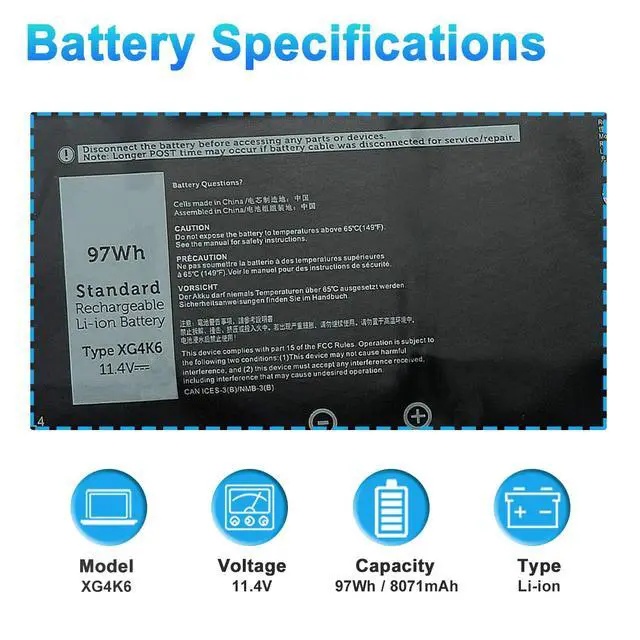 Alt view image 2 of 6 - 97Wh XG4K6 Laptop Battery Replacement for Dell XPS 17 9700 9710 9720 9730 Precision 5750 5760 5770 Series P92F P92F001 P92F002 P92F003 01RR3 F8CPG 0F8CPG OF8CPG 5XJ6R KVPMY KRDHV 3ICP7/54/65-2