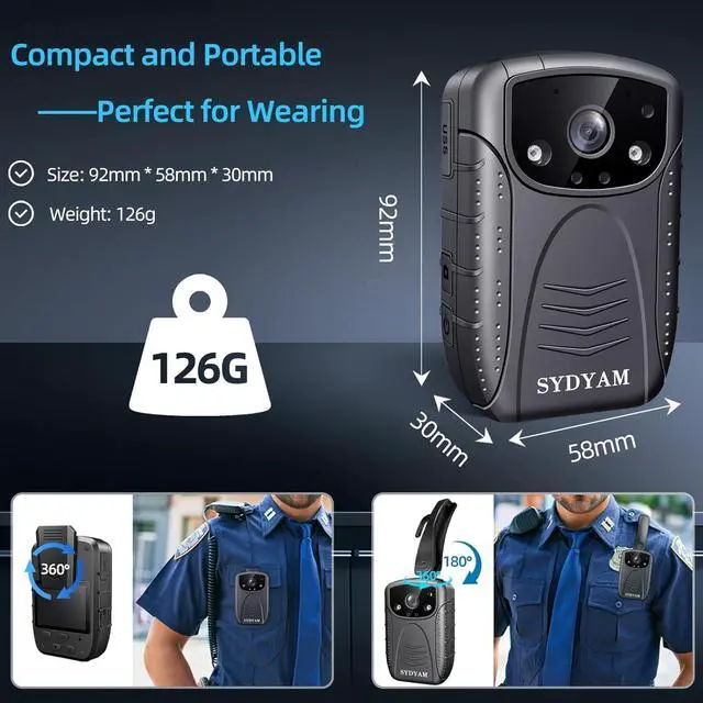 Alt view image 6 of 6 - SYDAYM 2K Police Body Camera, 13Hrs Battery, H.265 Encoding, Body Cameras with Audio and Video Recording, Body Cam for Personal Protection Hiking Law Enforcement (128GB)