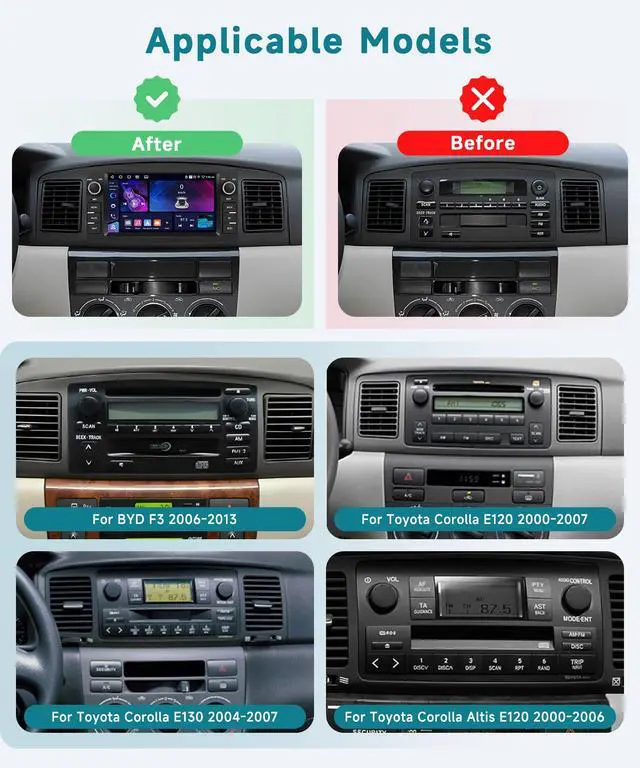 Alt view image 2 of 6 - 4 Core 4+64G Android Car Stereo for Toyota Corolla E120 2003-2007/E130 2005-2008 with DSP Carplay Android Auto, 7" 1280P Touchscreen Radio with Bluetooth 5.0 FM/RDS GPS Wifi SWC Backup Camera