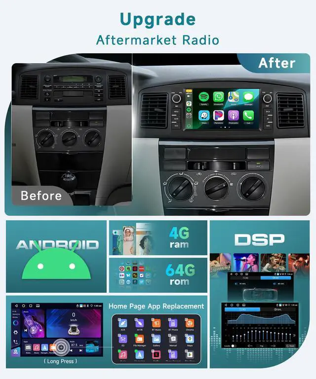 Alt view image 3 of 6 - 4 Core 4+64G Android Car Stereo for Toyota Corolla E120 2003-2007/E130 2005-2008 with DSP Carplay Android Auto, 7" 1280P Touchscreen Radio with Bluetooth 5.0 FM/RDS GPS Wifi SWC Backup Camera