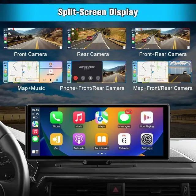 Alt view image 6 of 6 - 10.26" Carplay Screen for Car Portable, Carplay & Android Auto Car Stereo, Touchscreen GPS Navigation 4K Dash Cam/1080P Backup Camera/Mirror Link/Bluetooth/Voice Control