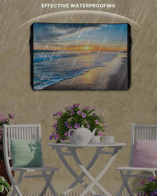 Alt view image 3 of 6 - Summer Sea Beach Sunset Scenery Outdoor TV Cover for Outside Flat Screen Televisions, Blue Sky Ocean Waves Weatherproof TV Screen Protector with Zipper for 60 to 65 Inch Screens
