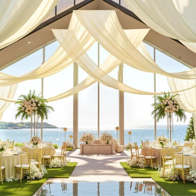 Alt view image 4 of 6 - 30ft×20ft Champagne Ceiling Drapes for Weddings Events Wrinkle-Free Polyester Ceiling Backdrop for Ten Canopy Church Stage Bedroom Decor 6 Panels 5×20ft