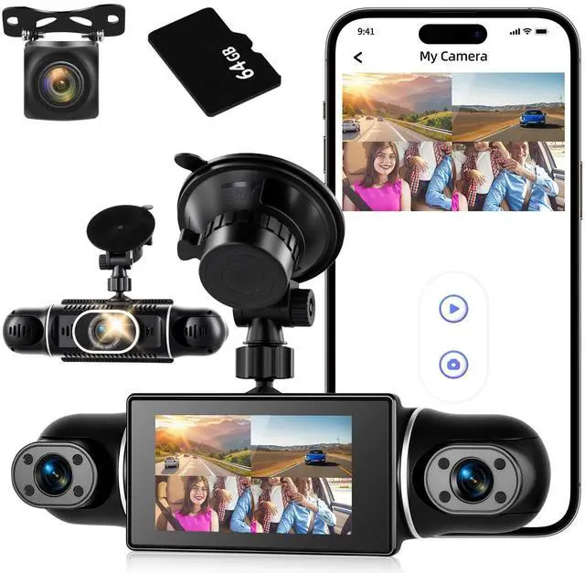 Main image of 360°View 4 Channel Dash Cam, 2K+1080P Front and Rear Inside Left Right, 3 inch IPS Screen Dash Camera for Cars, WiFi/APP Control, Night Vision, 24H Parking Mode, 64GB TF Card, Loop Recordin