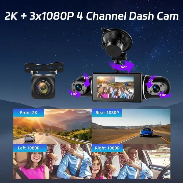Alt view image 3 of 6 - 360°View 4 Channel Dash Cam, 2K+1080P Front and Rear Inside Left Right, 3 inch IPS Screen Dash Camera for Cars, WiFi/APP Control, Night Vision, 24H Parking Mode, 64GB TF Card, Loop Recordin