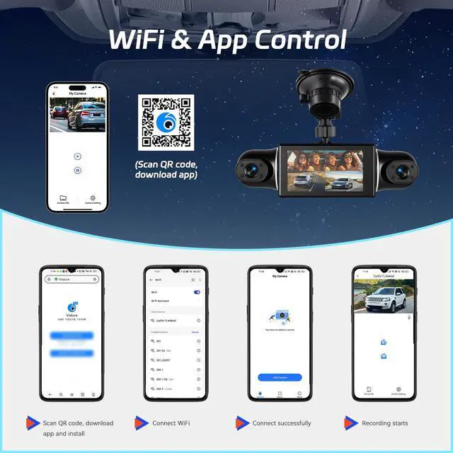 Alt view image 4 of 6 - 360°View 4 Channel Dash Cam, 2K+1080P Front and Rear Inside Left Right, 3 inch IPS Screen Dash Camera for Cars, WiFi/APP Control, Night Vision, 24H Parking Mode, 64GB TF Card, Loop Recordin