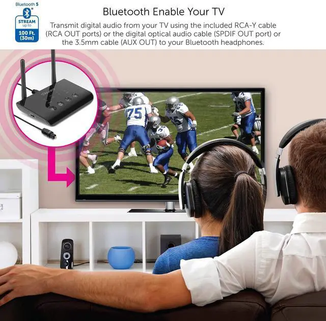Alt view image 3 of 6 - Bluetooth Audio Receiver and Transmitter with Low Latency, Dual Antenna, Support Up to 100 Foot Range for Wireless from TV to Headphone/Speaker, PC, Home Theatre - ABCD54F
