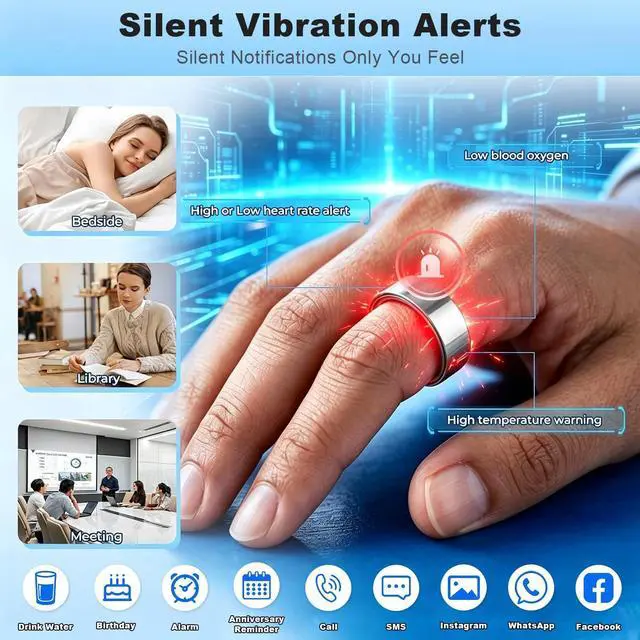Alt view image 3 of 6 - Smart Health Ring for Women Men, Waterproof Smart Ring with Heart Rate/Silent Vibration Alerts & Reminder/Sleep/Sport Report No Subscription Fee, Compatible with iOS & Android(Silver, 10)