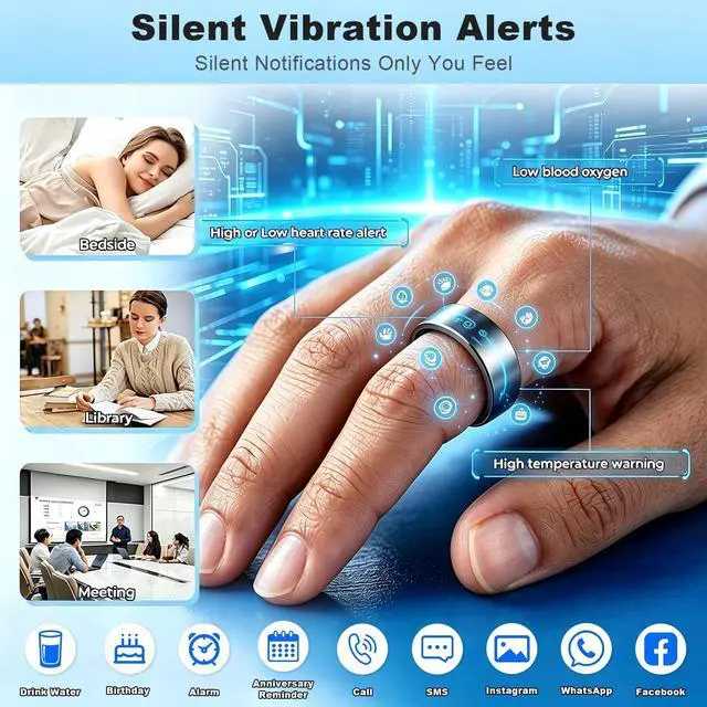 Alt view image 4 of 6 - Smart Health Ring for Men, Waterproof Smart Ring with Heart Rate, Emergency Alert, Daily Reminders, Sleep Fitness Tracker Ring No Subscription Fee, Compatible with iOS & Android(Black, 10)