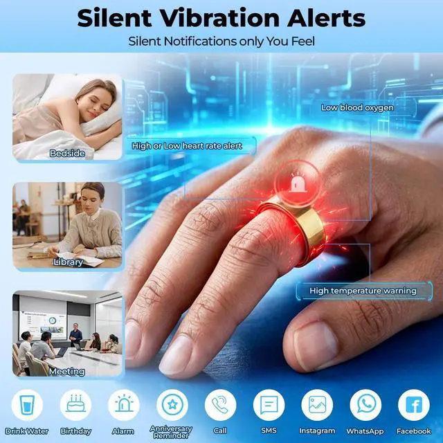 Alt view image 5 of 6 - Smart Health Rings for Men, Waterproof Sport Ring with Heart Rate, Blood Oxygen, Sleep, Step Counting, Vibration Alerts Smart Ring, No App fee, Compatible with iOS & Android(Gold, 11)
