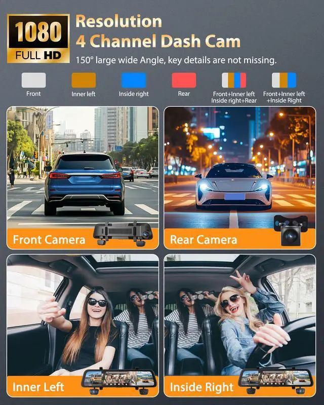Alt view image 2 of 6 - 4 Channel Mirror Dash Cam 1080P Front and Rear/Inside 12 Touch Screen HD Rearview Mirror Dash Cam with G-Sensor GPS Parking Monitor Built-in WiFi