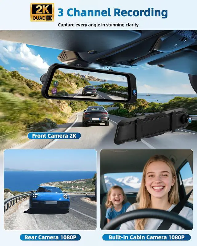 Alt view image 2 of 6 - 3 Channel Rear View Mirror Camera with Front 2K, Inside and Rear 1080P Triple Mirror Dash Cam 9.66IPS Touch Screen Night Vision WiFi G-Sensor BSD Loop Record Reverse Assist Parking Monitoring
