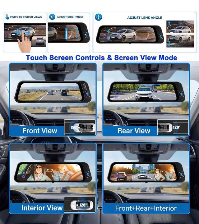 Alt view image 3 of 6 - 3 Channel Rear View Mirror Camera with Front 2K, Inside and Rear 1080P Triple Mirror Dash Cam 9.66IPS Touch Screen Night Vision WiFi G-Sensor BSD Loop Record Reverse Assist Parking Monitoring