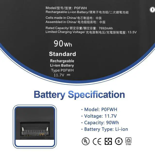 Alt view image 2 of 6 - P0FWH 90Wh Laptop Battery Replacement for Dell Alienware m16 R2 Inspiron 16 Plus 7640 Inspiron 16 7640 2-in-1 Series POFWH HGJCY 0M9DG0 11.7V 7692mAh 6-Cell