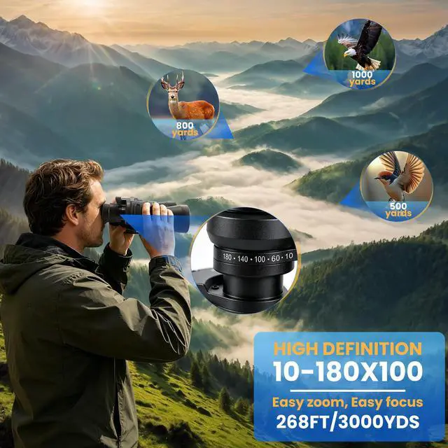 Alt view image 6 of 6 - 10-180x100 Zoom Binoculars for Adults, Day/Low Light Night Vision High Powered Binoculars with BAK4 & FMC Lens, Waterproof Fogproof for Hunting Birdwatching Travel Sports Concerts Gift for Men
