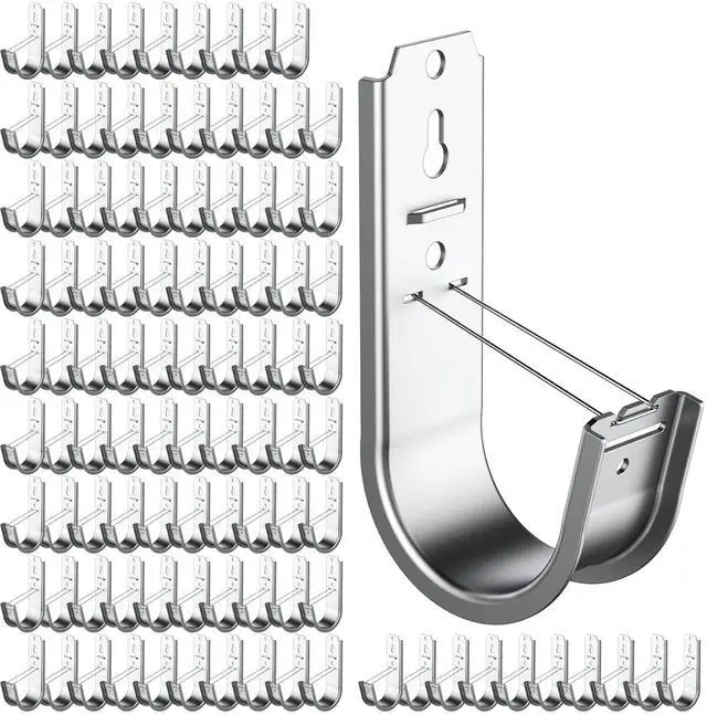 Main image of 100 Pack 2 Inch J Hook Wall Mount J Hook with Retainer Clip Galvanized Steel Wall Cable Hooks Smooth Round Edge J Hook for Hanging Wire Cable Management & Organization Solution